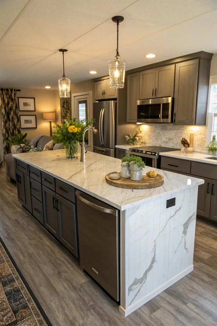 Small kitchen island with a Carrara marble countertop and white base cabinet