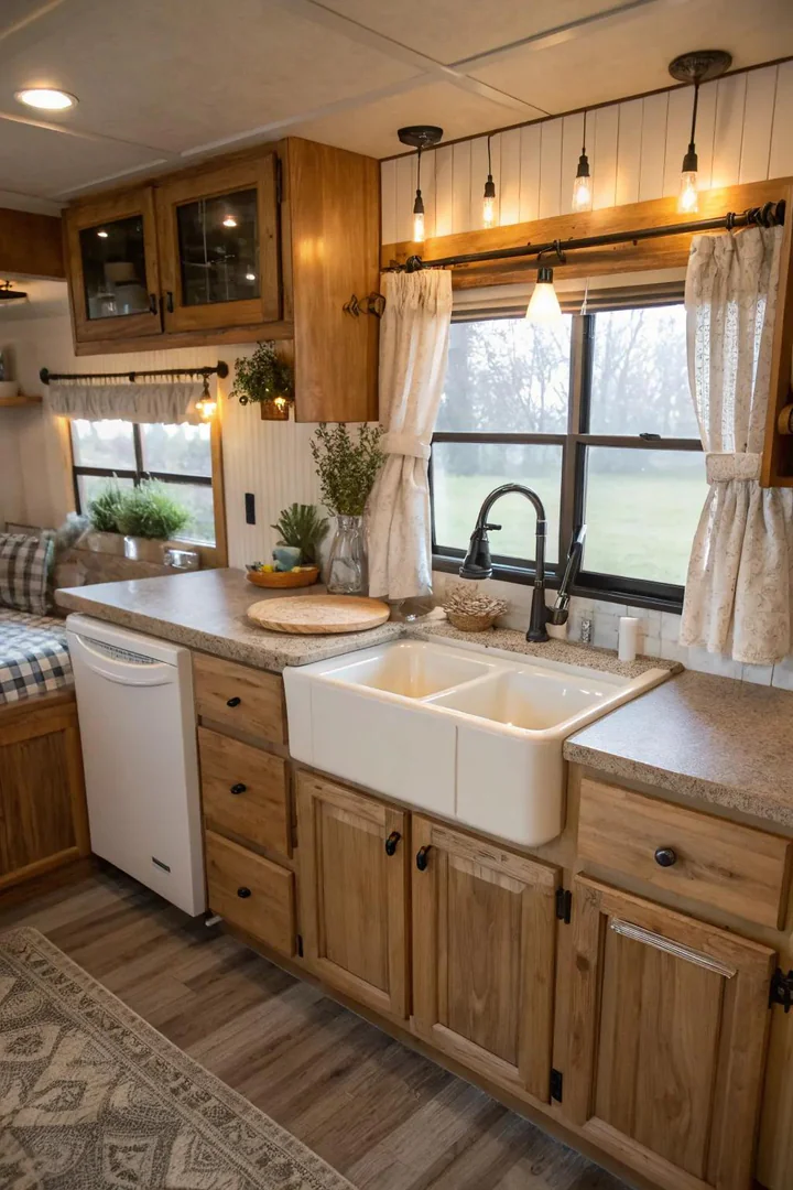 Farmhouse sink installed in a mobile home kitchen.