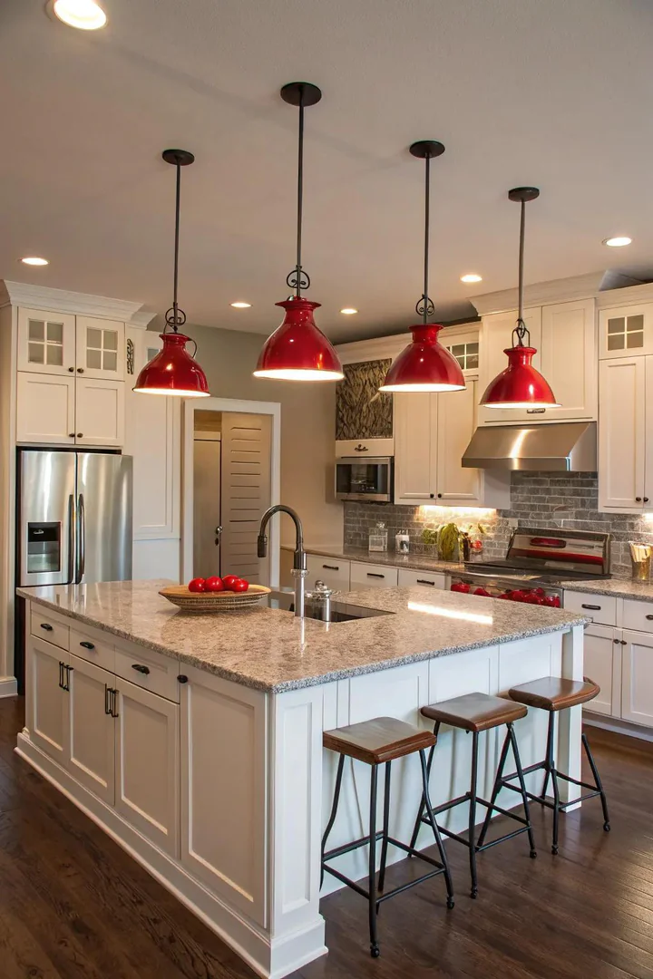 Red pendant lights hanging over a kitchen island.