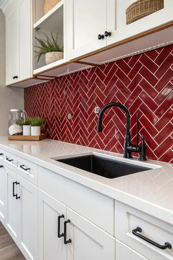A kitchen with a dynamic ruby red herringbone tile pattern.