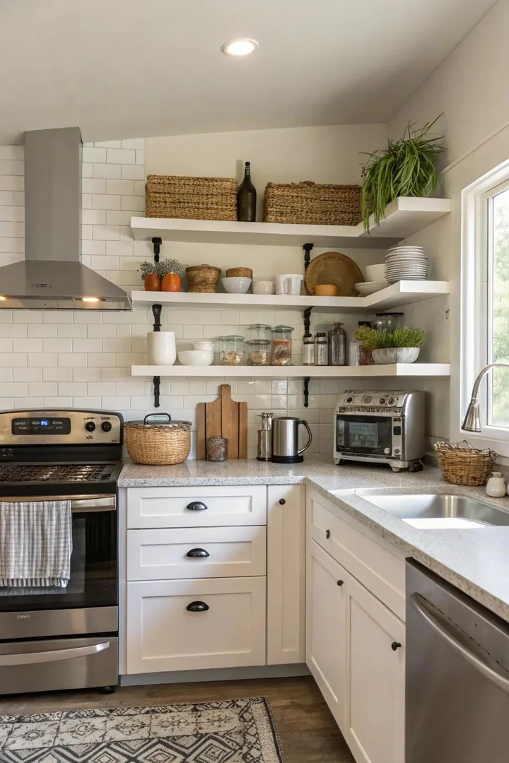 Floating shelves mounted on a rental kitchen wall with spice jars
