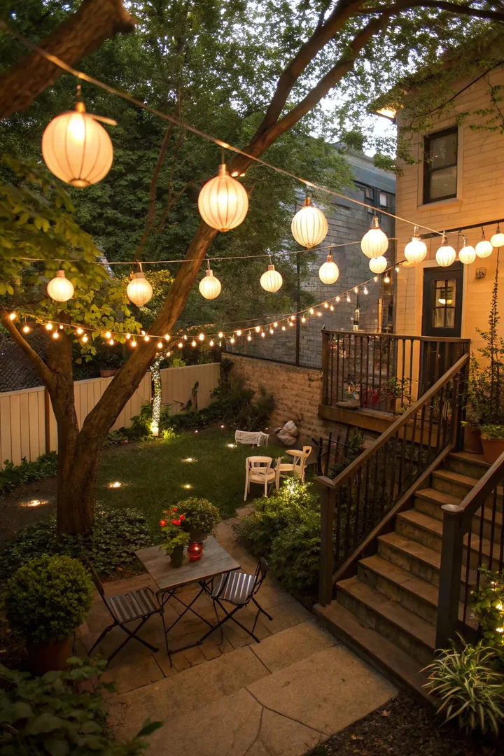 Small backyard lit with layered lighting including path lights, uplights, and string lights