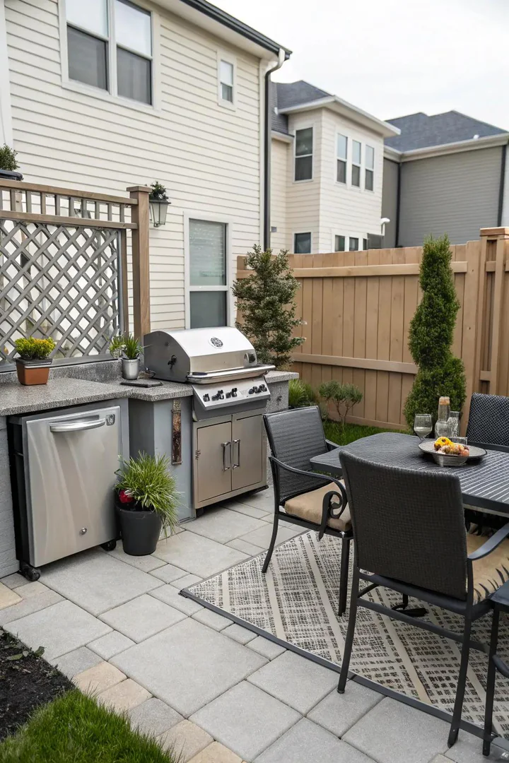 Narrow outdoor kitchen station with a built-in grill, counter, and storage on a townhouse patio