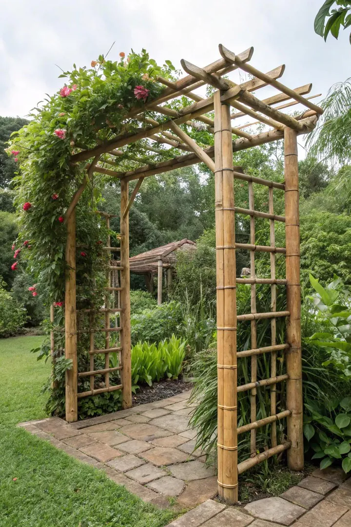Mixed-material trellis arbor combining wood and metal.