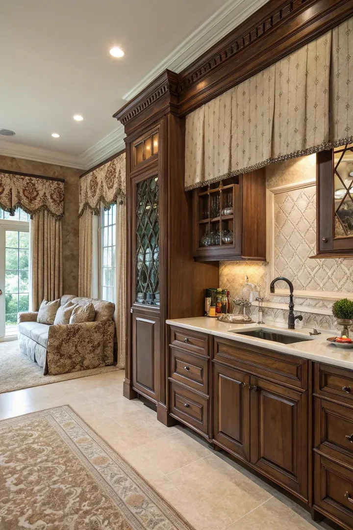 Textured textile wainscoting in a kitchen.