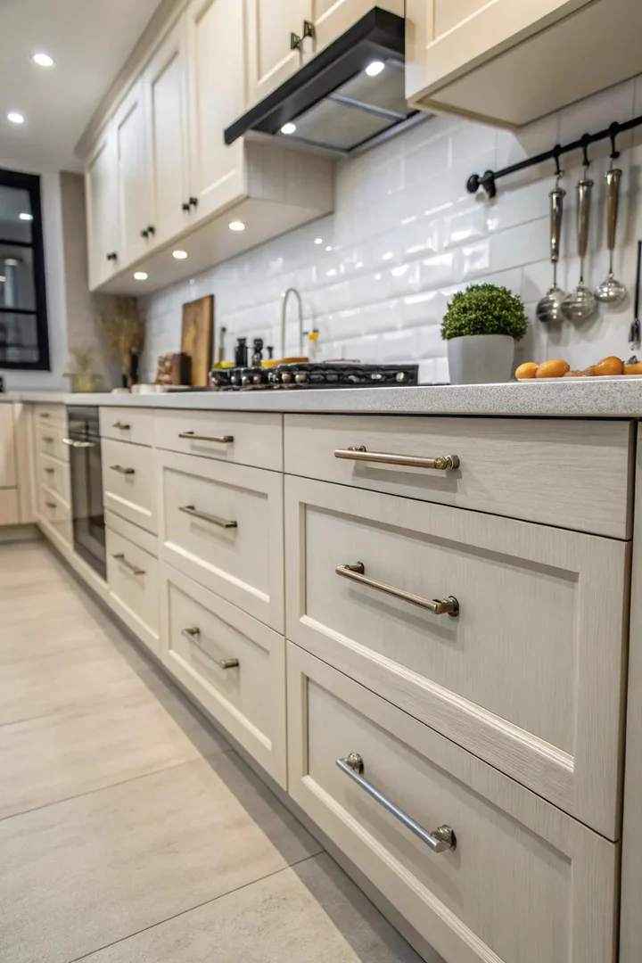 D-shaped handles and lever pulls on accessible kitchen cabinets.