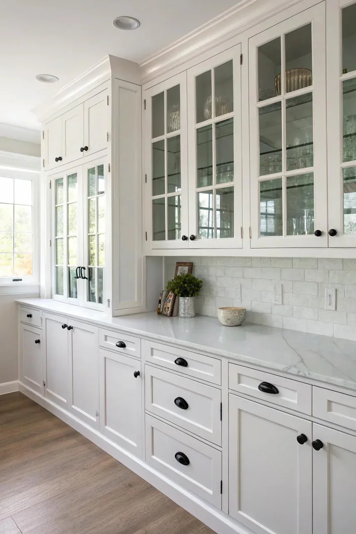 Petite black knobs make a bold impact on glass cabinets.
