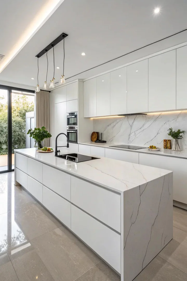 Modern white sintered stone kitchen countertop.