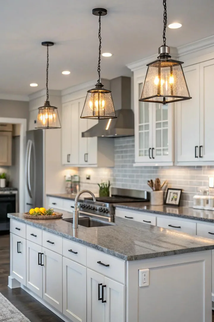 Oversized glass pendant lights above a gray countertop kitchen island.
