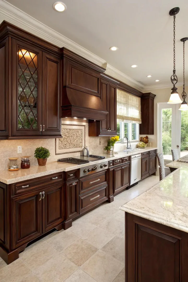 Dark mahogany wood kitchen cabinets.