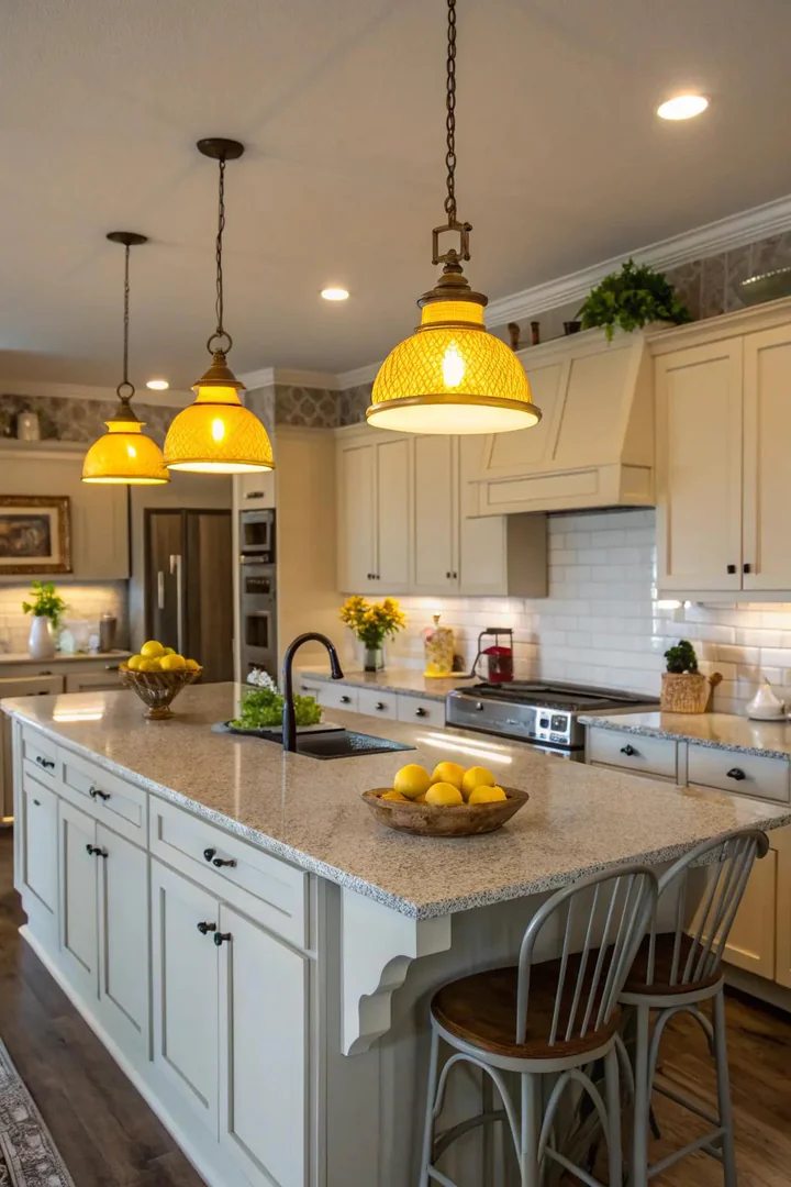 Yellow-toned brass pendant lights over a grey and white kitchen.