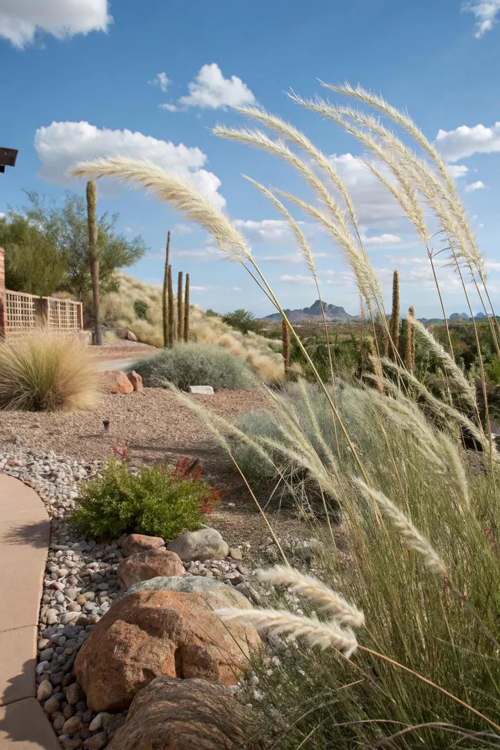 Desert backyard with tall ornamental grasses swaying in the breeze beside a gravel path