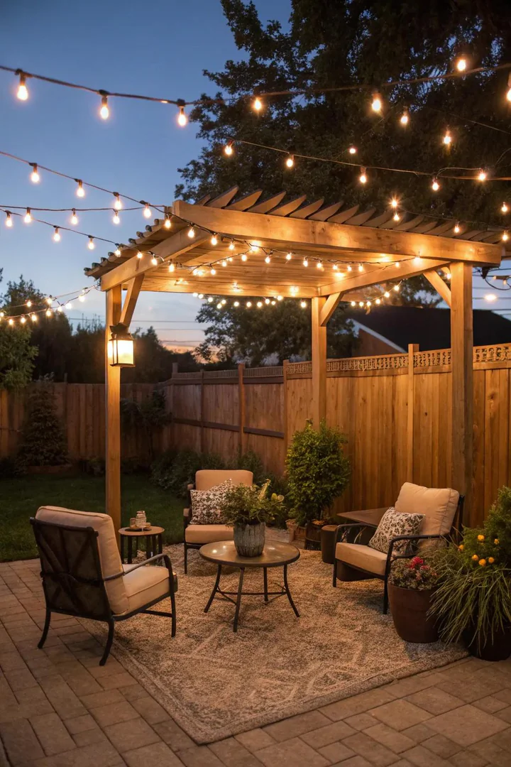 String lights and solar lanterns on a budget patio.