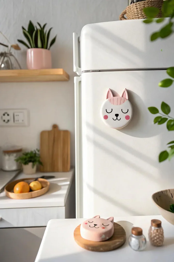 Kawaii-style clay animal face magnet on a refrigerator