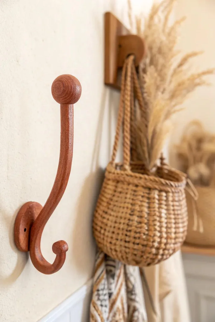 Embrace simplicity with eco-friendly terracotta wall hooks for a warm, natural touch in your kitchen.