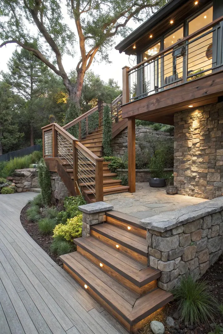 Corner deck stairs combining wood treads with stone risers and metal railing