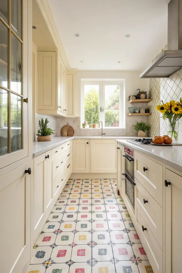 Patterned floors add a playful touch to any kitchen.