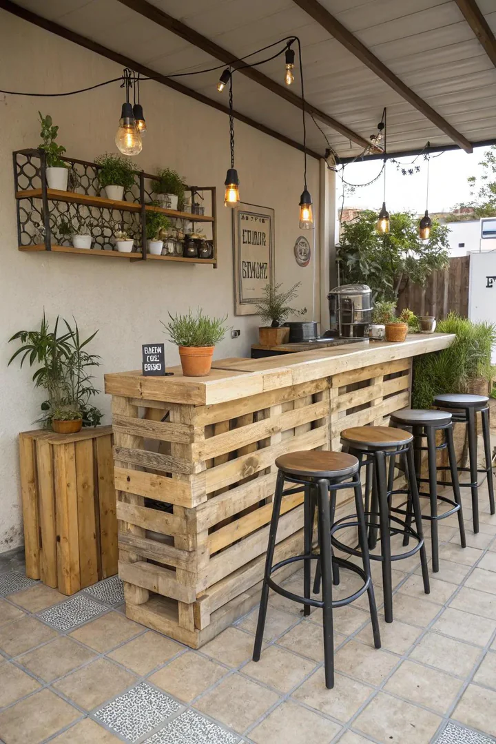 L-shaped pallet bar with separate drink and food prep sections