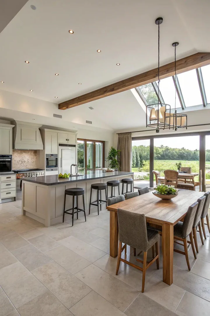 Open-concept kitchen flowing into a dining area with a shared island divider
