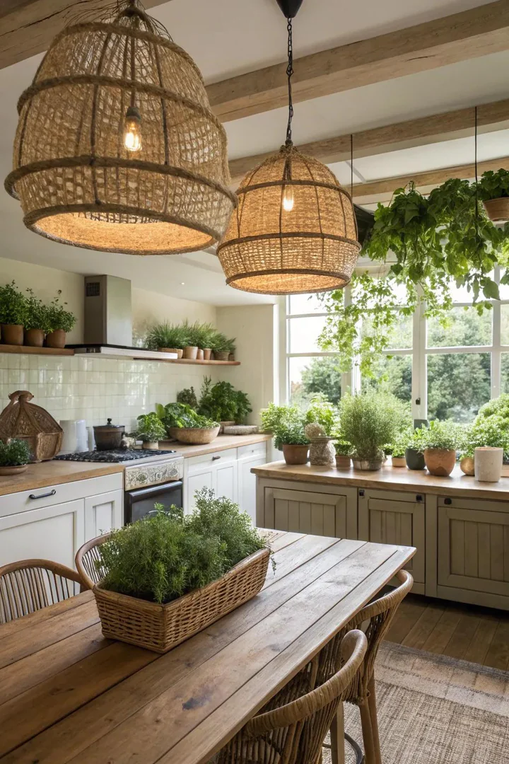 Large rattan woven pendant light above a farmhouse kitchen island