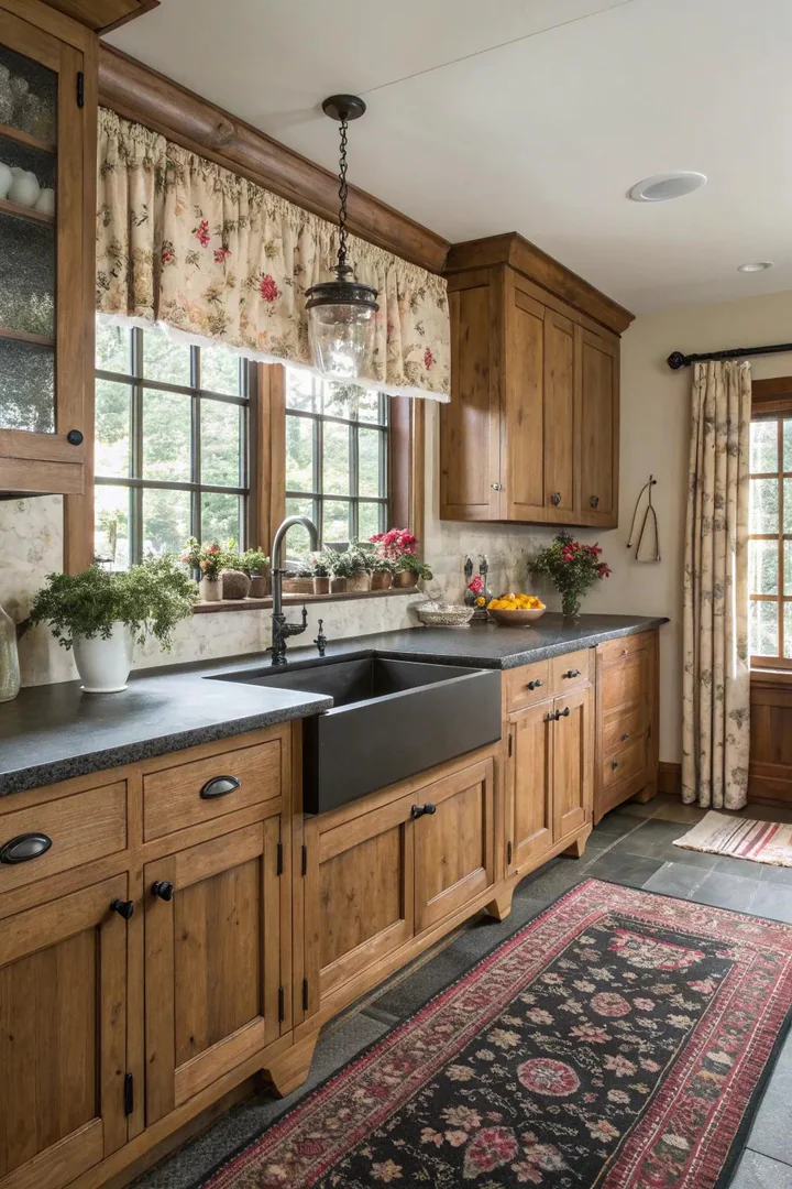 Dark stone countertops in a French country kitchen.