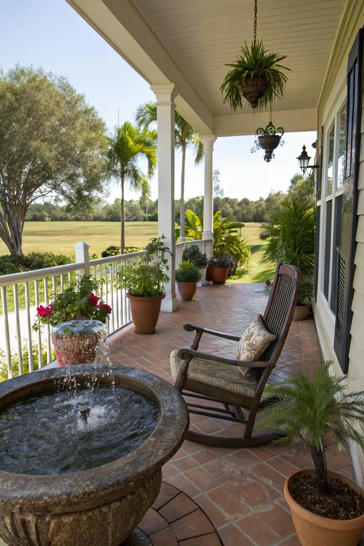 Wall-mounted water feature on a Florida front porch.