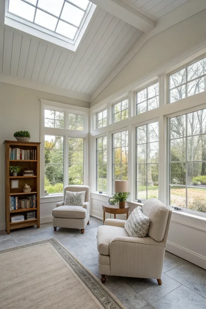 minimalist sunroom with floor-to-ceiling glass walls and sparse modern furniture