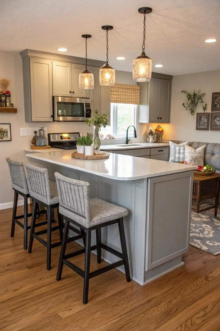 Grey kitchen island with built-in bar seating.
