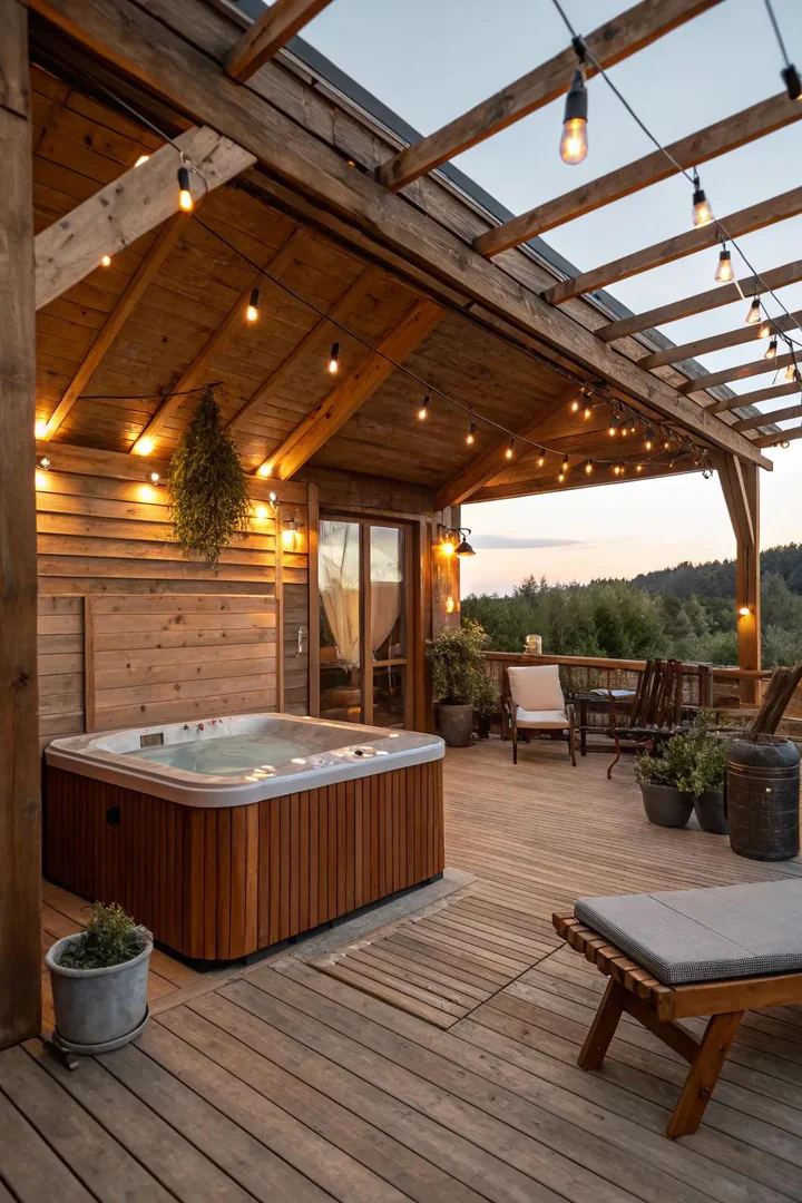 Cedar hot tub surround with reclaimed barn wood fence and stone pavers in a rustic setting