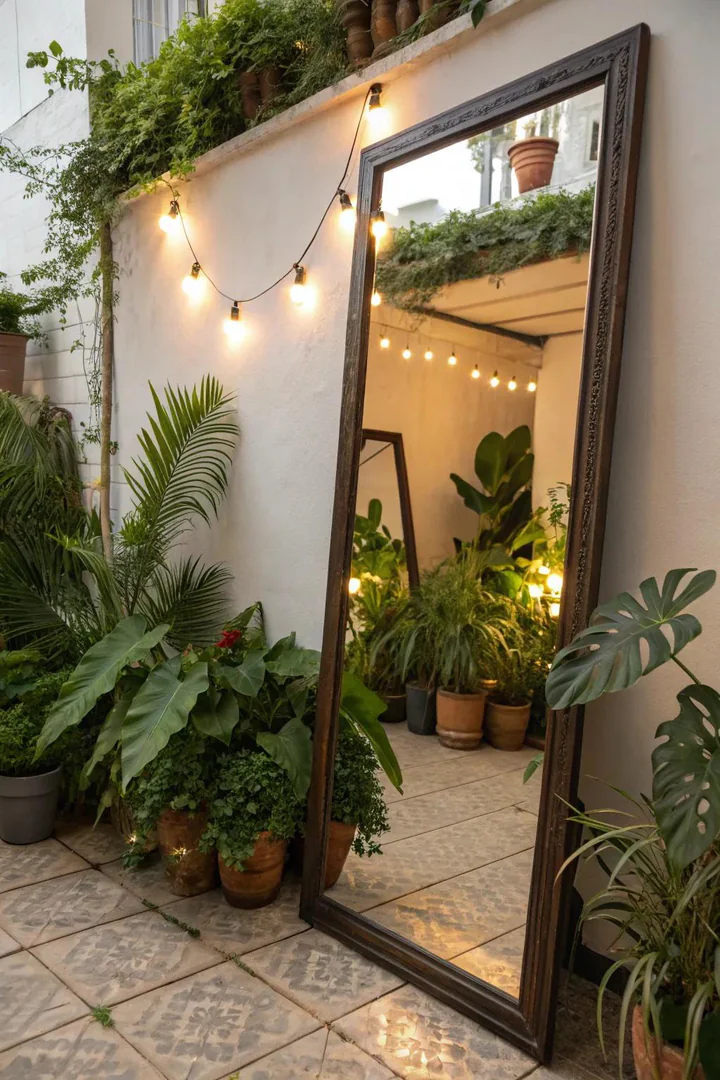 Outdoor mirror mounted on a terrace wall reflecting plants and sky to double the perceived space