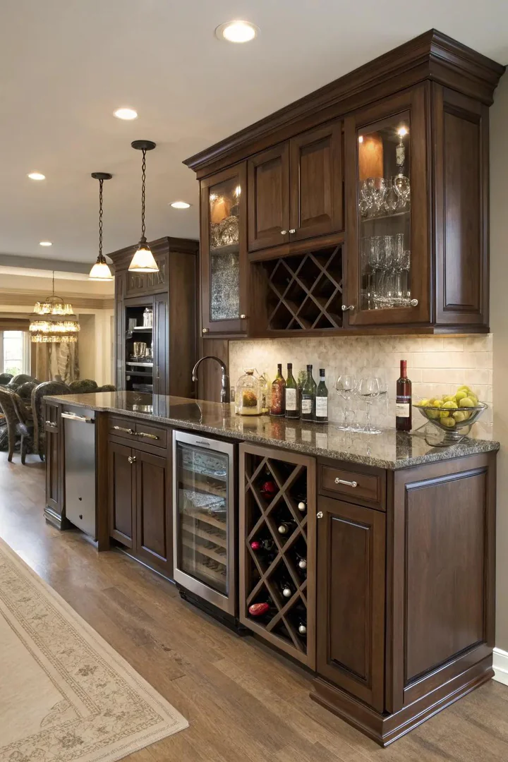 Kitchen peninsula with built-in wine rack storage.