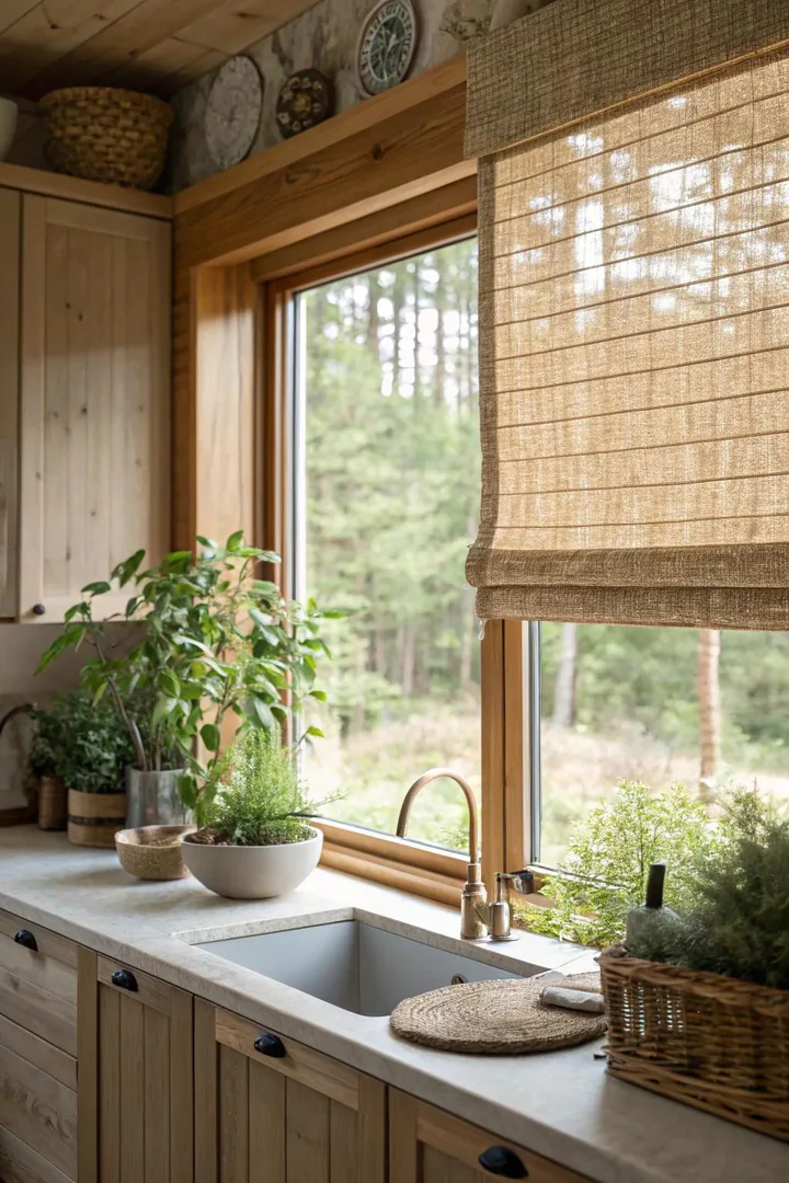 Woven natural shade on a kitchen window over the sink.