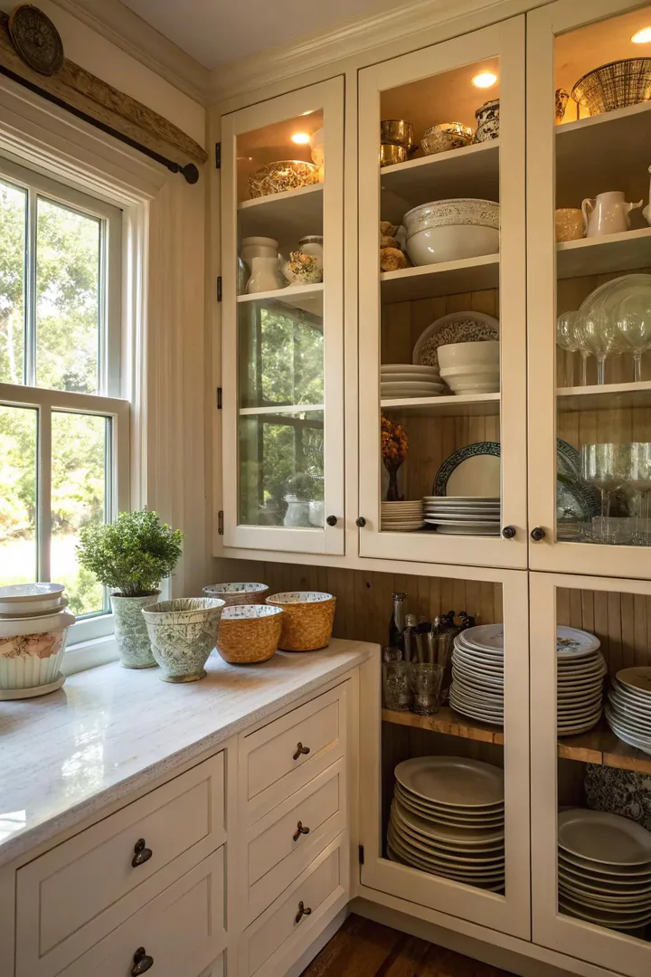 Glass-front cabinet doors in a small kitchen.
