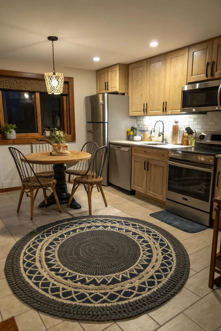 Flat-weave runner rug placed in front of a kitchen sink