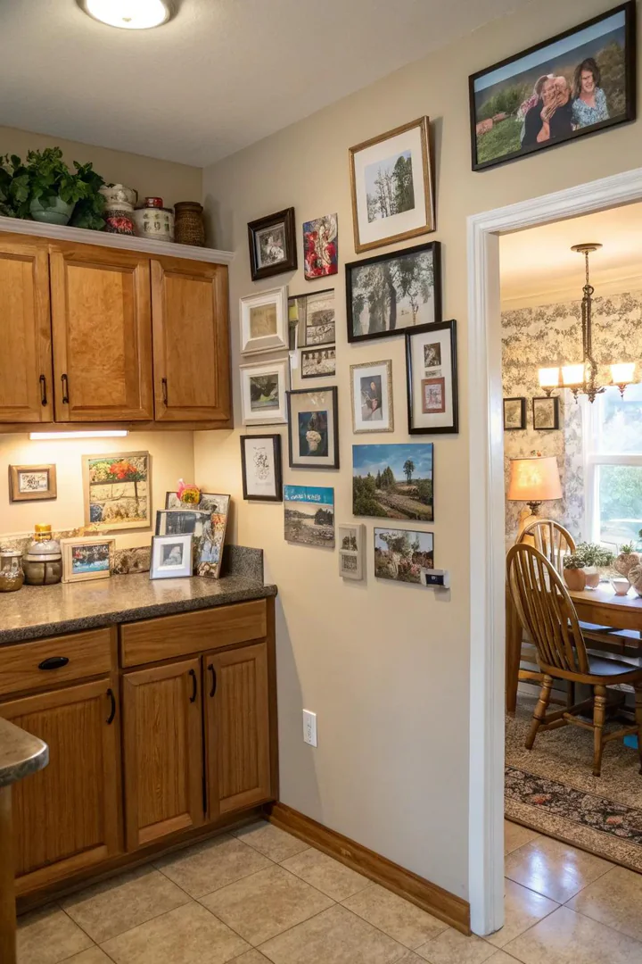 Photo and art gallery wall in a kitchen.
