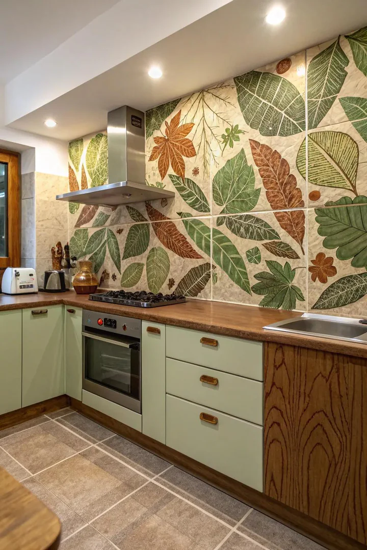 Nature-inspired stone tile kitchen backsplash.