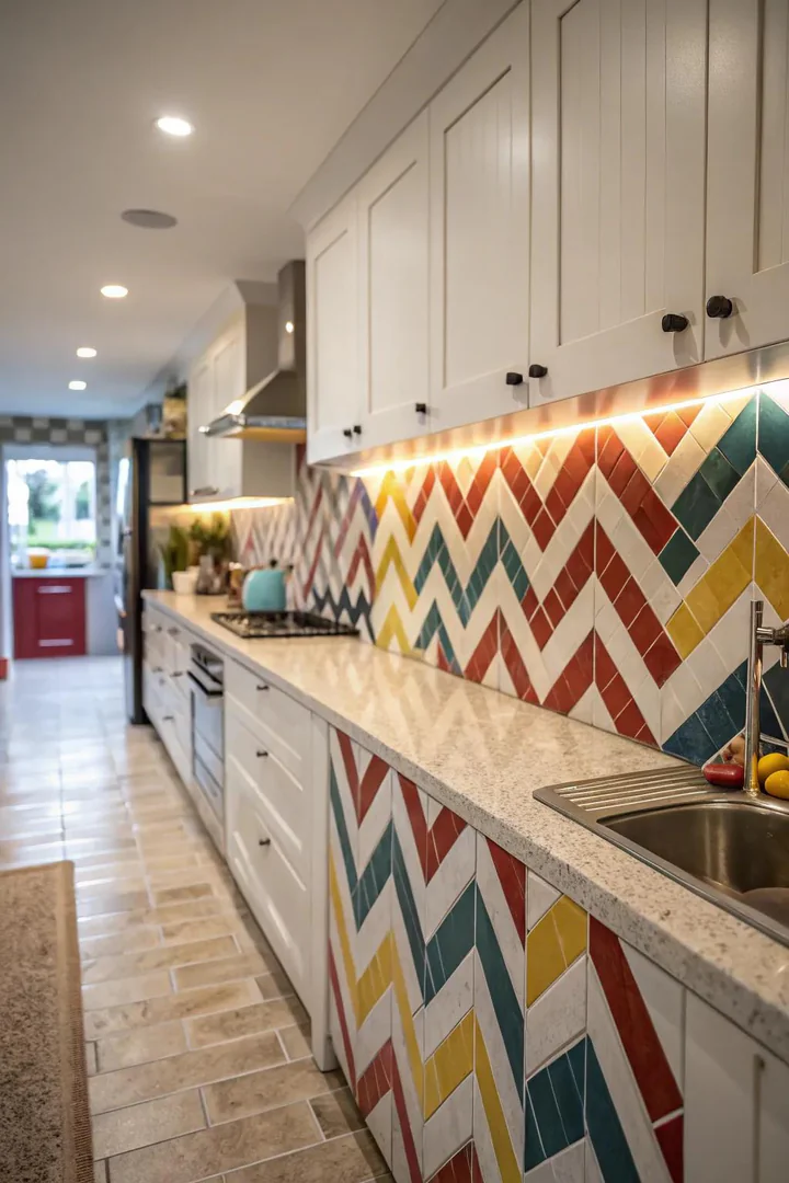 Chevron-patterned porcelain backsplash tiles creating a V-shaped zigzag