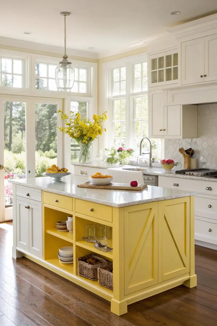 Sunny yellow kitchen island brightening a white kitchen