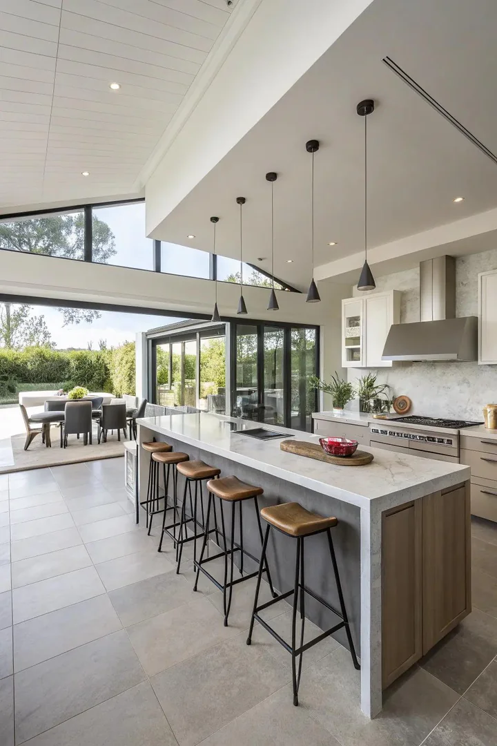 Kitchen divided into distinct cooking, prep, and storage zones