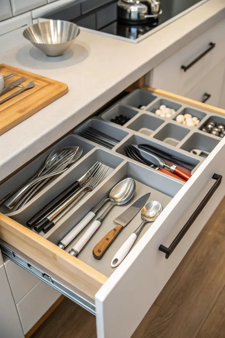 Bamboo drawer dividers organizing kitchen utensils.