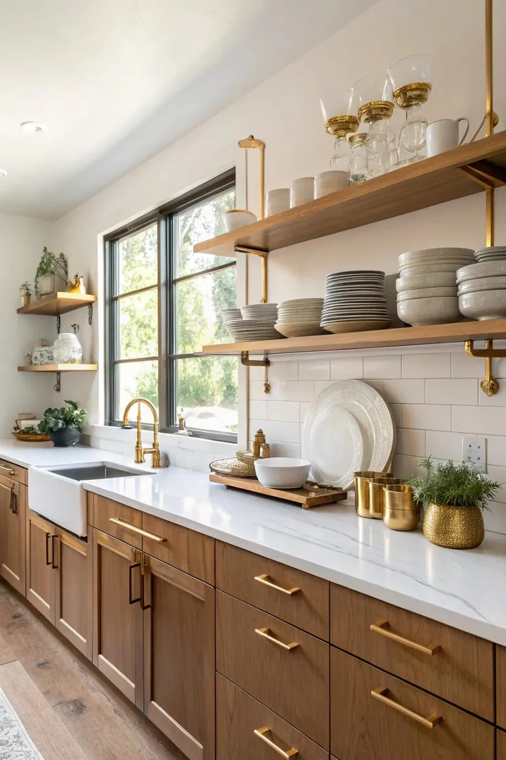 Gold brackets on open kitchen shelving.