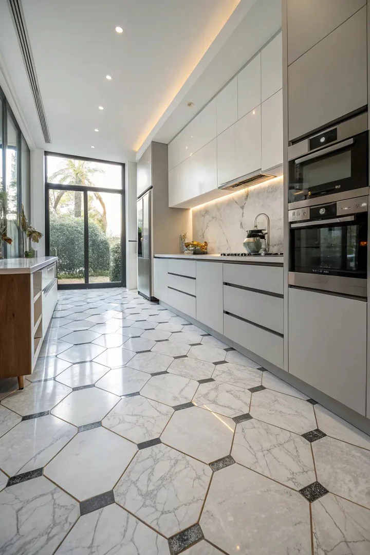 Hexagonal marble tiles on a kitchen floor.