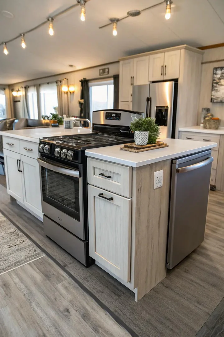 Kitchen island housing a microwave drawer and a compact dishwasher