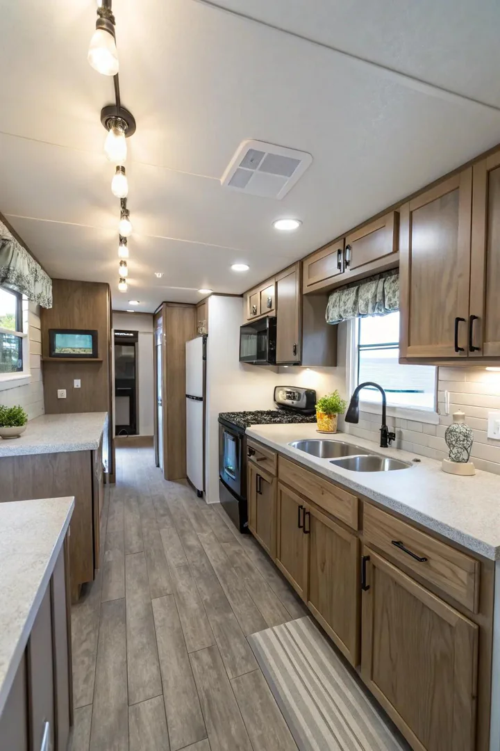 Efficient lighting in a mobile home kitchen.