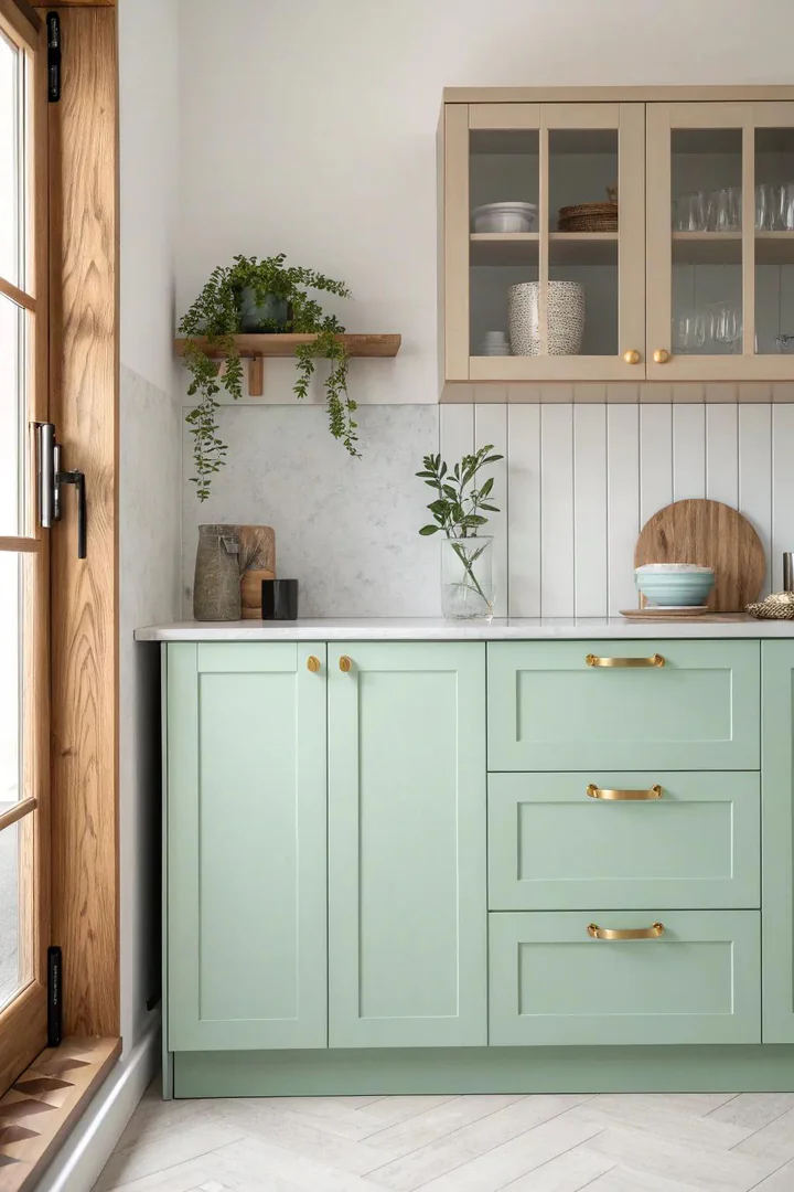 Playful pastel painted kitchen cabinets.