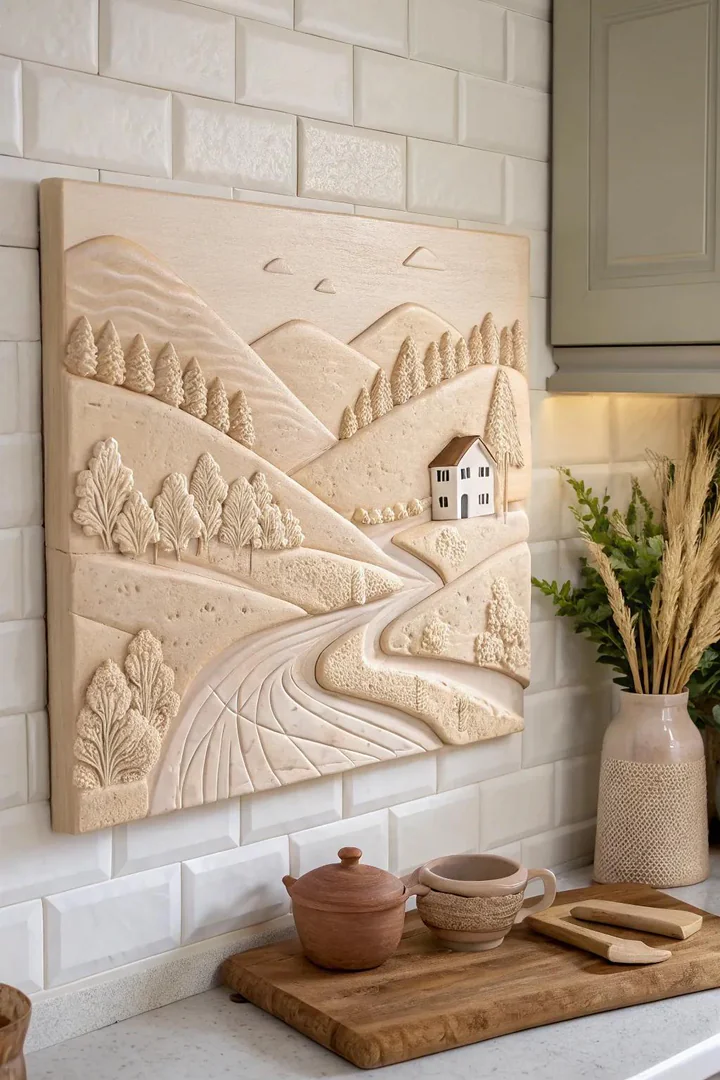 3D polymer clay terrain diorama wall art.