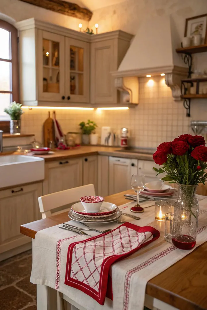 Subtle red accents in a neutral kitchen.