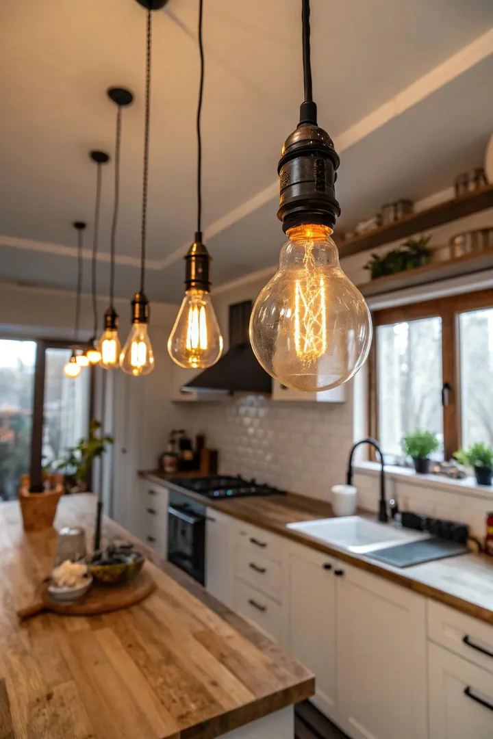 Warm Edison bulb replacing a harsh fluorescent in a rental kitchen