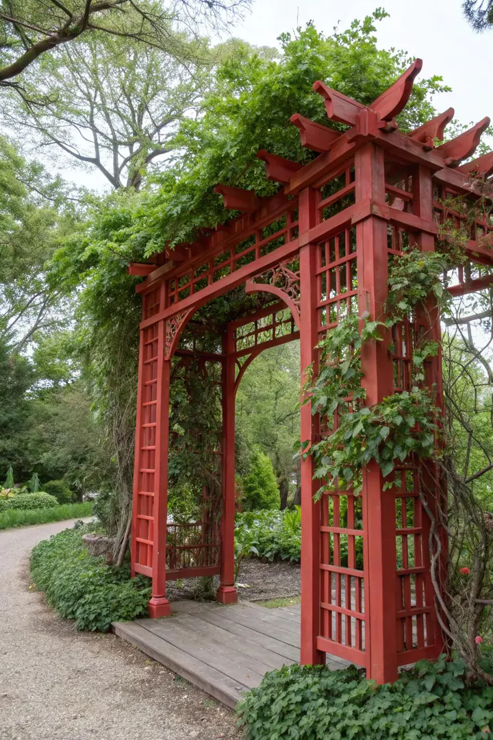Painted color-pop arbor in a bright garden color.