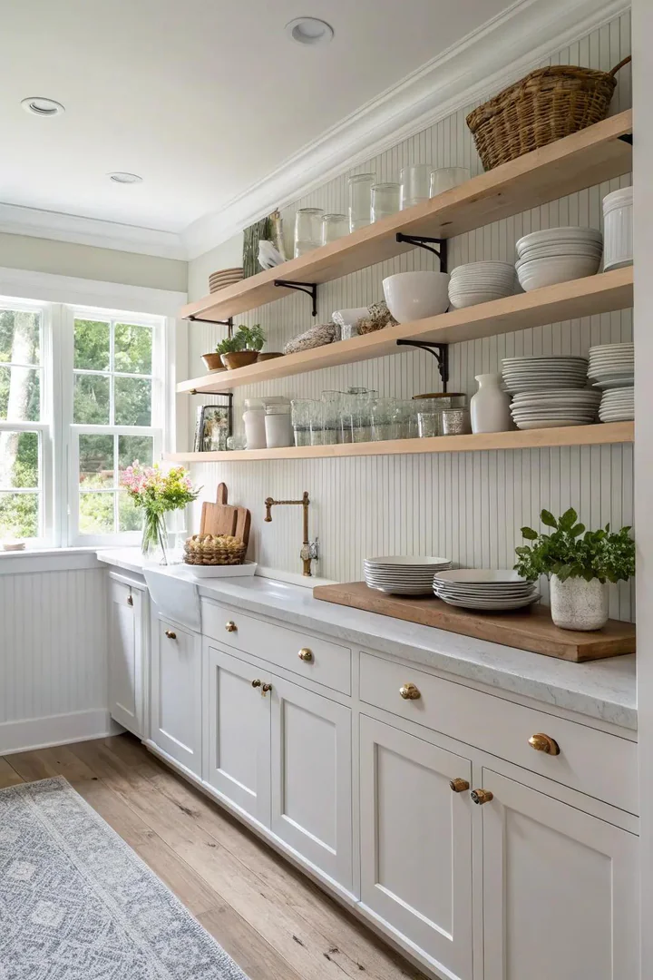 Open shelving integrated above kitchen wainscoting.